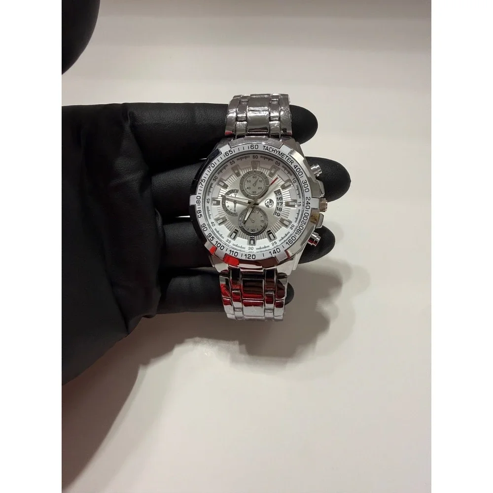 AJ Brand Silver Men's Chronograph Watch - White Dial stainless steel band